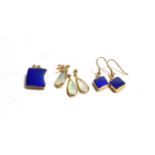 A 9 carat gold mother of pearl pendant with matching drop earrings; and a 9 carat gold lapis