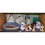 A quantity of decorative ceramics and ornamental items including four Staffordshire figures, three