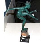 An Art Deco bronzed figure of a nude lady, raised on a black and yellow marble base, height 50cm