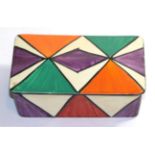 ^ 1930s Clarice Cliff bizarre trinket box and cover, painted with a geometric pattern, 14cm wide