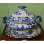 A blue and white tureen and cover; and a meat plate
