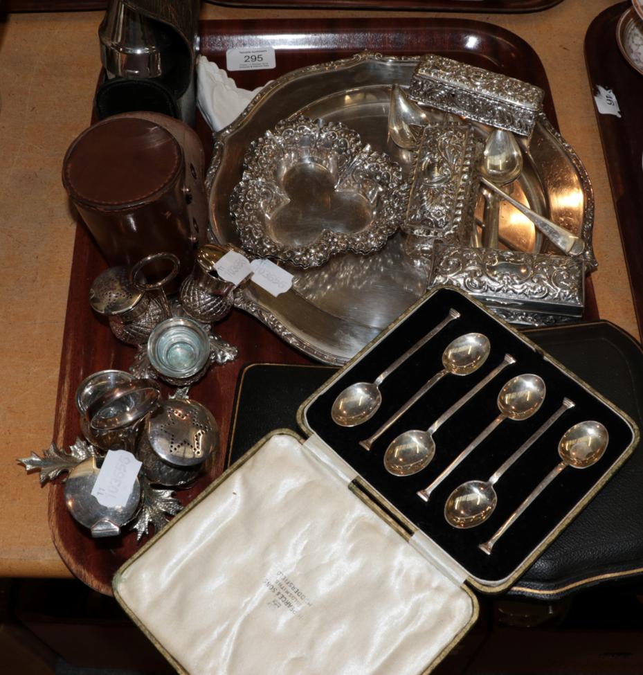 A group of assorted silver and silver plate, including two silver-plated condiment sets in the