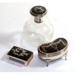 Tortoiseshell and glass scent bottle, match vesta and ring box (3)