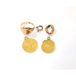 A 9 carat gold signet ring, finger size O; a 1 pound coin dated 1896 with soldered pendant mount;