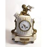 A 19th century French white marble and gilt metal mantel clock of column form surmounted by a cherub