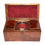 ^ A George IV mahogany and boxwood tea caddy, with silver handle stamped William Bateman, 30cm wide
