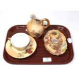 ^ Royal Worcester blush ivory comprising: small jug, teacup and saucer, pin tray, trinket box and