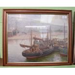 Albert Jackson, Scotch fishing boats, Whitby harbour, signed, oil on board, 39cm by 49cm