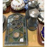Assorted 18th century and later British pewter, together with two leaded window panels (qty)