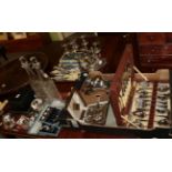 A mixed lot of silver and silver plate, including a pair of silver-mounted glass decanters