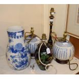 ^ A group of modern chinoiserie table lamps, including a pair of globular ceramic blue and white