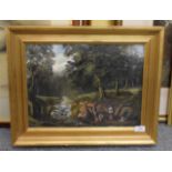 British school (19th century), Woodland scene with children catching fish, oil on canvas, 30cm by