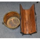 Brass jam pan, reproduction hardwood and wrought iron magazine rack