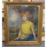 English School (20th century) Portrait of a young girl, seated half length, with ginger hair, blue
