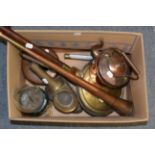 Assorted copper and brass including a bed warming pan, coaching horn, carriage lamp, two kettles and