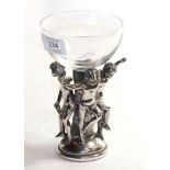 An Italian white metal and glass Bacchic wine glass by Ottaviani, the bowl supported on figural stem