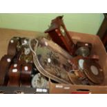 An oak cased aneroid desk barometer, day/date desk calendar, selection of mantle timepieces etc (