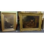 A gilt framed oil on canvas of children playing together with a framed print portrait of a seated