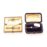 A sapphire and seed pearl bar brooch, length 5.5cm; and an opal bar brooch, length 5.5cm (2) .