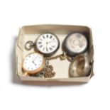 A gold plated open face keyless pocket watch, dial signed Rolex, two silver cased pocket watches and