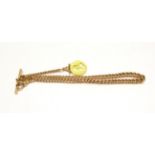 A 9 carat gold Albert watch chain with T-bar and soldered South African one pond coin fob dated