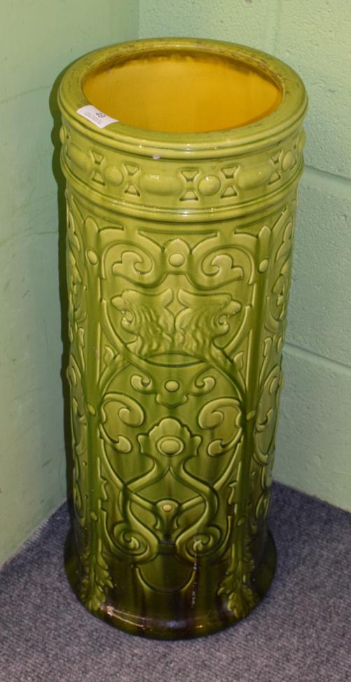 ^ A Bretby green glazed cylindrical ceramic stick stand, impressed '625 England', 63cm high