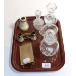 Four glass scent bottles, gilt metal picture frame, mother of pearl opera glasses, and an ivory