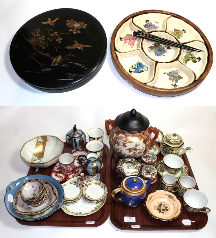 A Kutani ovoid vase and wooden cover, a Noritake tea service, two cased hors d'oeuvres sets,