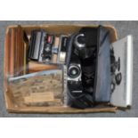 Assorted cameras and photographic accessories including Exakta, Carl Zeiss 50mm, 28mm and 300mm
