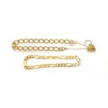 A curb link bracelet with a 9 carat gold heart shaped padlock, length 20cm; together with a figaro