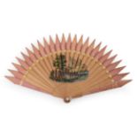 A Good Gothic Style Early 19th Century Wood Brisé Fan, the pale wood painted in pale pink with