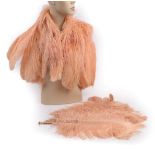 An Early 20th Century Peachy/Pink Ostrich Feather Fan and Matching Feather Cape, the fan carved,