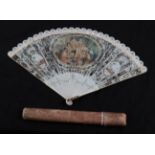 A Large 18th Century Ivory Brisé Fan, European, carved, pierced, silvered and painted. The central