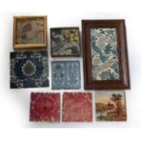 Maw and Co: Two 6'' Earthenware Picture Tiles, printed with a repeat pattern of leaves, flowers