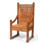 A Stanley Webb Davies (1894-1978) of Windermere English Oak Minister's Chair, panel back with