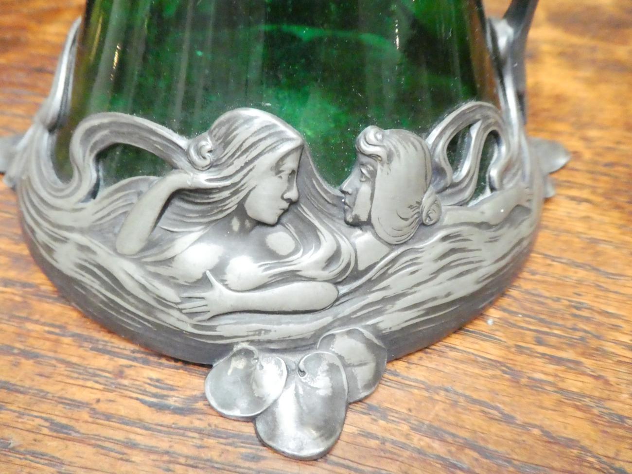 An Art Nouveau WMF Claret Jug and Stopper, No.191, with tapering green glass body, the plated mounts - Image 3 of 7