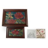 Eight Doulton 6" Tiles, tubelined decorated with flowers, glazed in red, blue and green, stamped