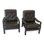 A Pair of Danish Design Bentwood and Stained Beechwood Lounge Chairs, upholstered in dark brown