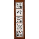 Five Minton, Hollins & Co No.2 6'' Tiles, painted with birds in black with burnt red detail, moulded
