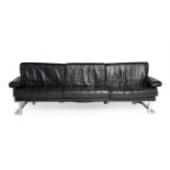 Tim Bates for Pieff: A 1970's Black Leather and Chrome Framed Three-Seater Sofa, with six