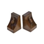 Mouseman: A Pair of Robert Thompson of Kilburn Single Mouse English Oak Bookends, each with carved