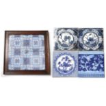 Four Minton China Works 8'' Tiles, repeating pattern in blue and white, stamped MINTON CHINA WORKS