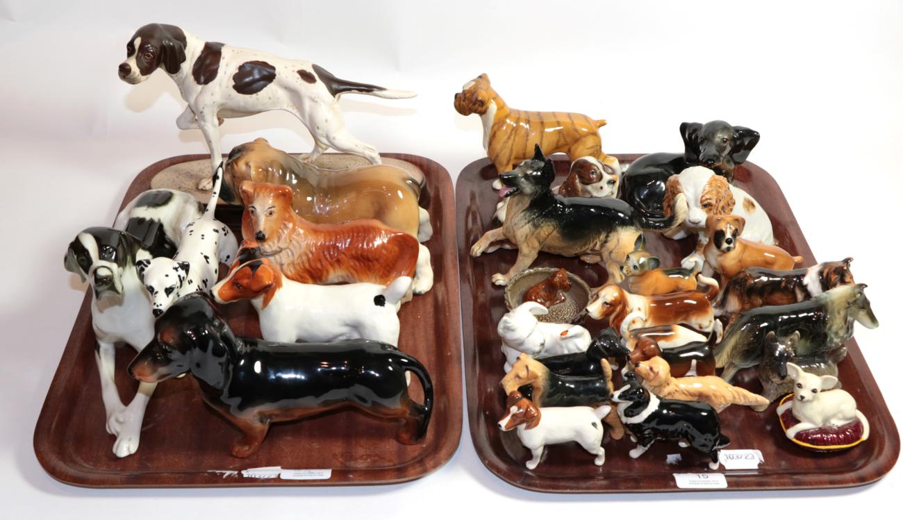 Beswick dogs including Pointer on plinth, Dalmation, Dachshund, Terrier and foreign dog models