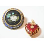 A Pietra Dura brooch, and red enamel heart pendant, stamped '15'. Pietra dura brooch - unmarked, 3.
