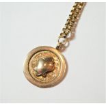 A 9 carat gold pendant on a guard chain with applied plaque stamped '9c', pendant length 3.4cm,