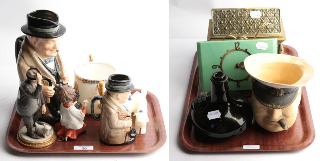 A collection of items to include a brass reliquary, glass bottle, character mugs of Winston