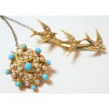A turquoise and split pearl cluster brooch, stamped '15', length 2.2cm; and a seed pearl triple