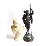 A spelter figure of a guard in 16th century costume together with a reconstituted marble bust of a