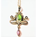 A seed pearl, peridot and pink stone pendant on chain, pendant length 4cm, chain length 44cm.