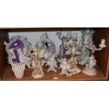 Quantity of floral encrusted and figural Dresden porcelain, including twin light candelabra, KPM